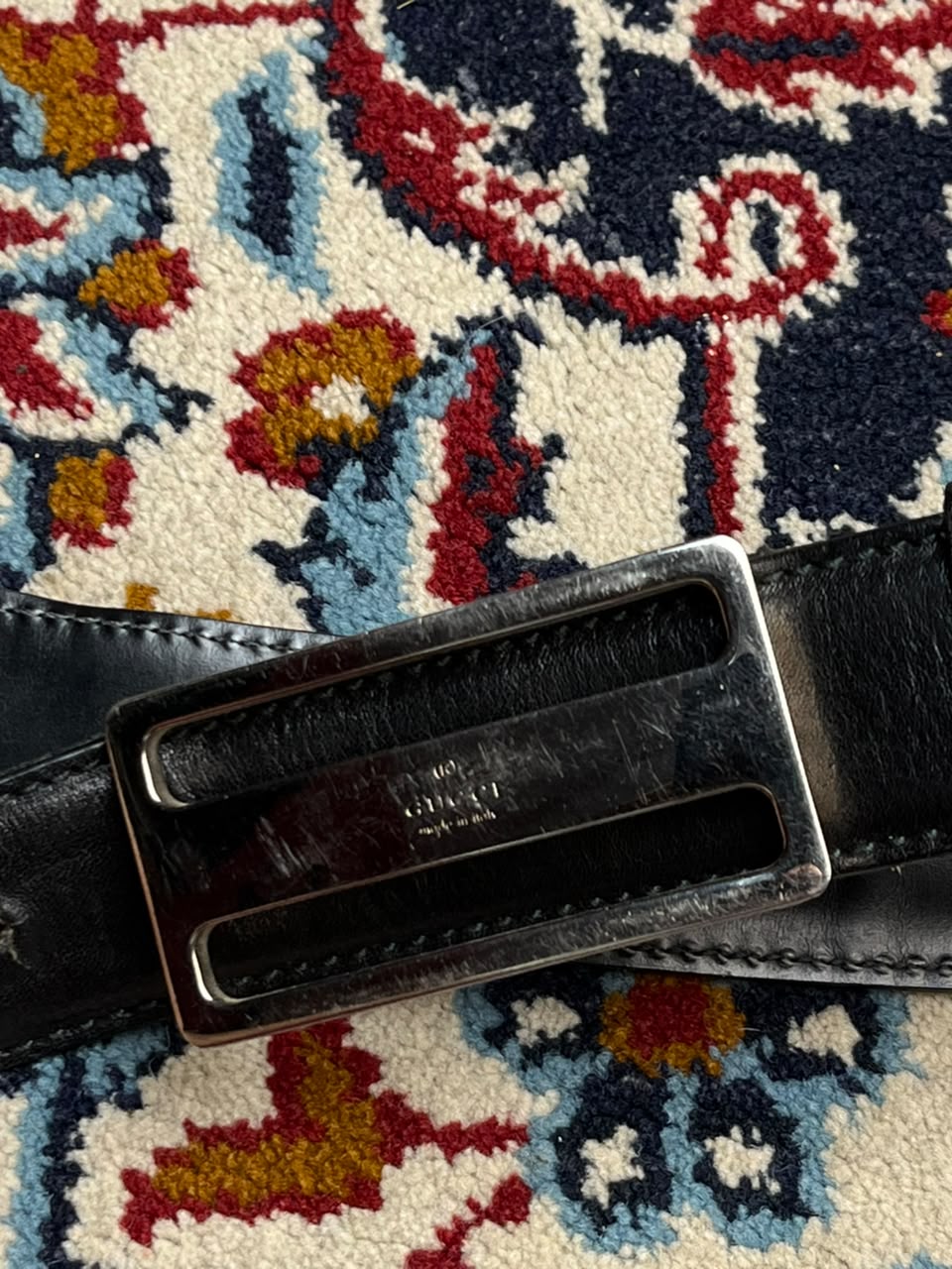 Gucci Black Leather Belt Silver Logo Plaque Buckle