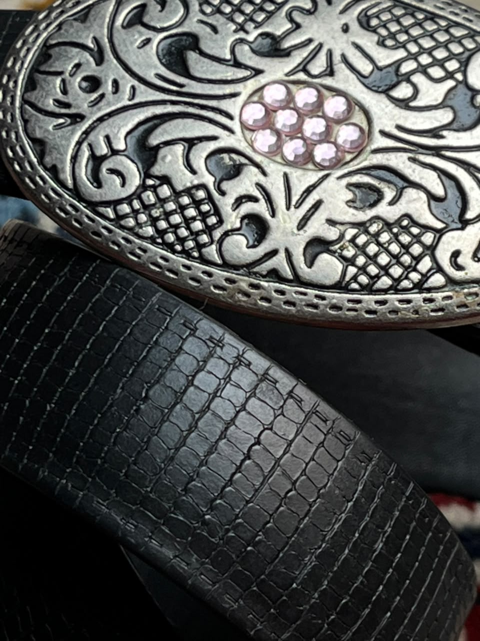Western Black Faux Lizard Rubber Belt Silver Pink Rhinestone Buckle