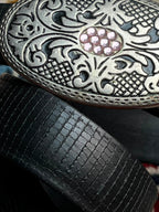 Western Black Faux Lizard Rubber Belt Silver Pink Rhinestone Buckle