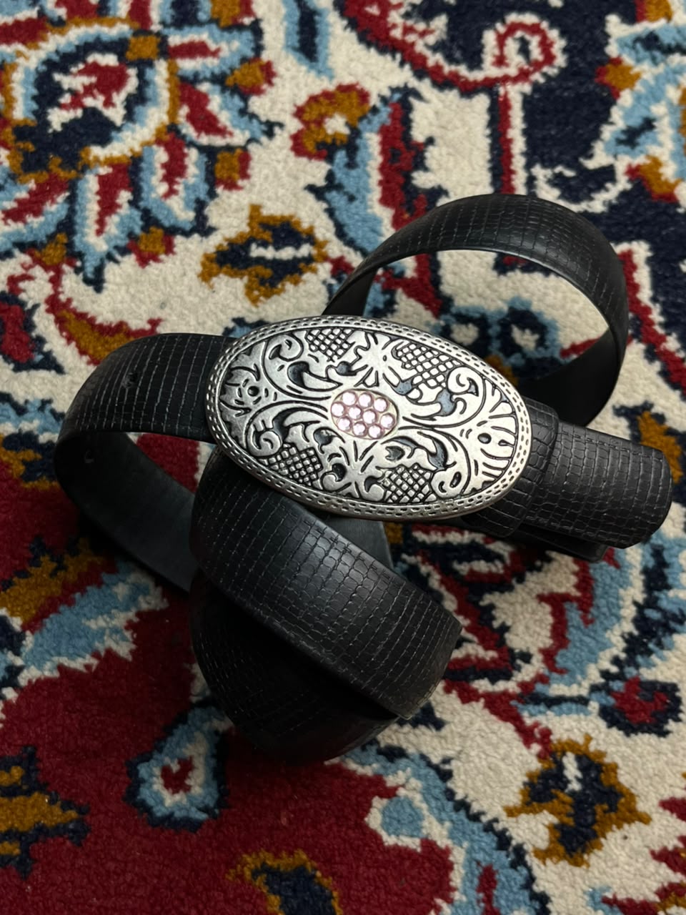 Western Black Faux Lizard Rubber Belt Silver Pink Rhinestone Buckle