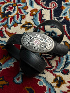 Western Black Faux Lizard Rubber Belt Silver Pink Rhinestone Buckle
