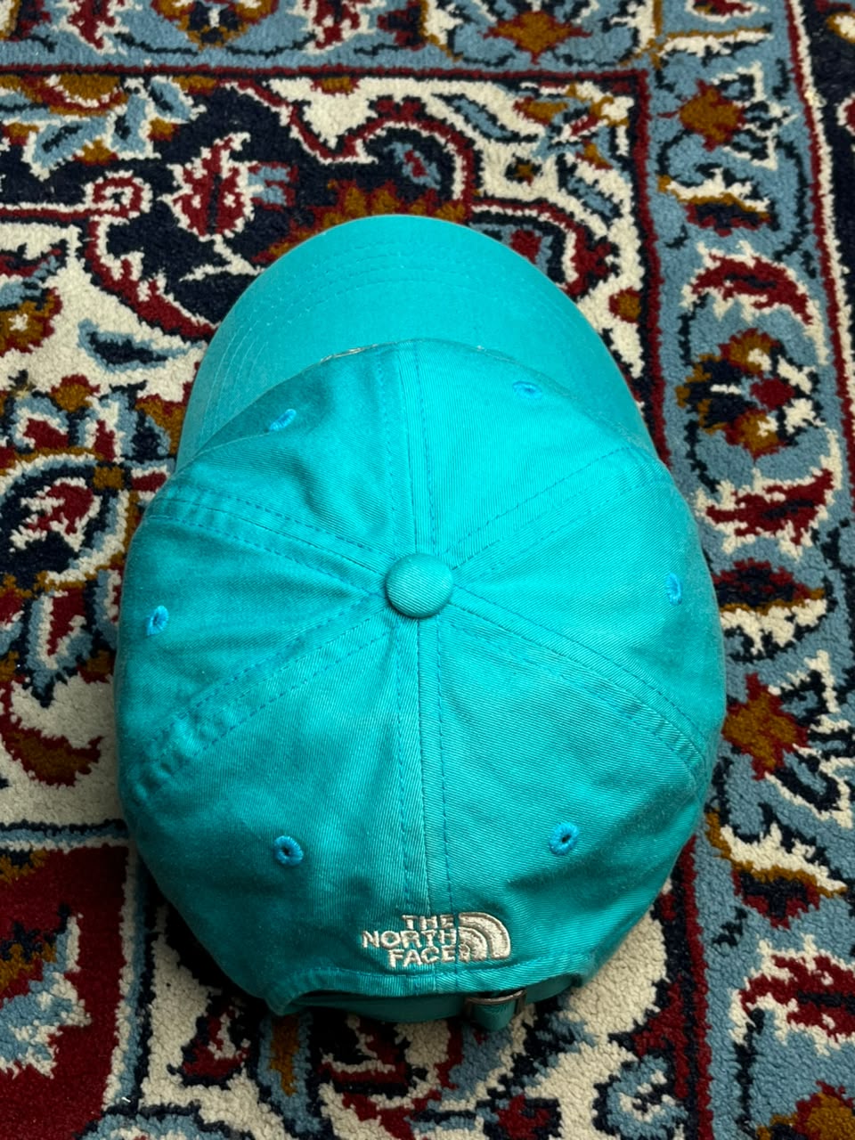 The North Face Cursive Script Logo Teal Turquoise Blue Strapback Cap Unisex OS