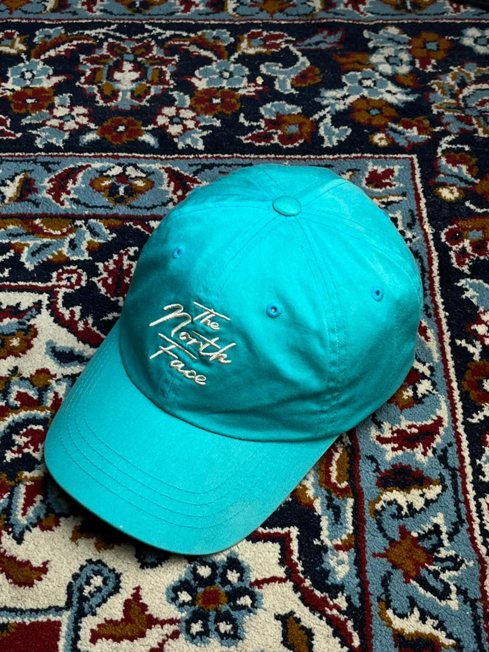 The North Face Cursive Script Logo Teal Turquoise Blue Strapback Cap Unisex OS