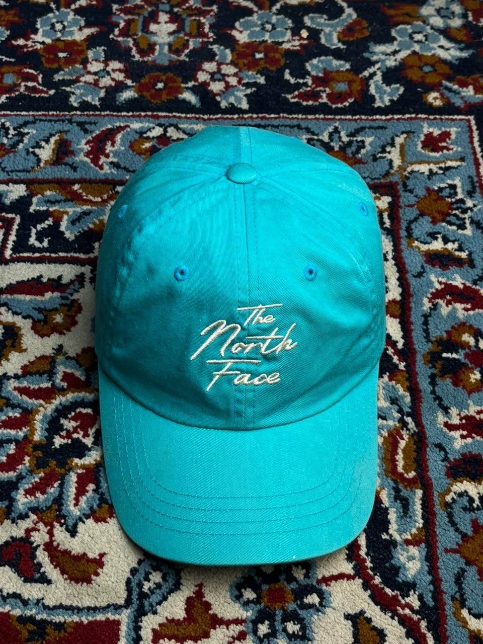 The North Face Cursive Script Logo Teal Turquoise Blue Strapback Cap Unisex OS