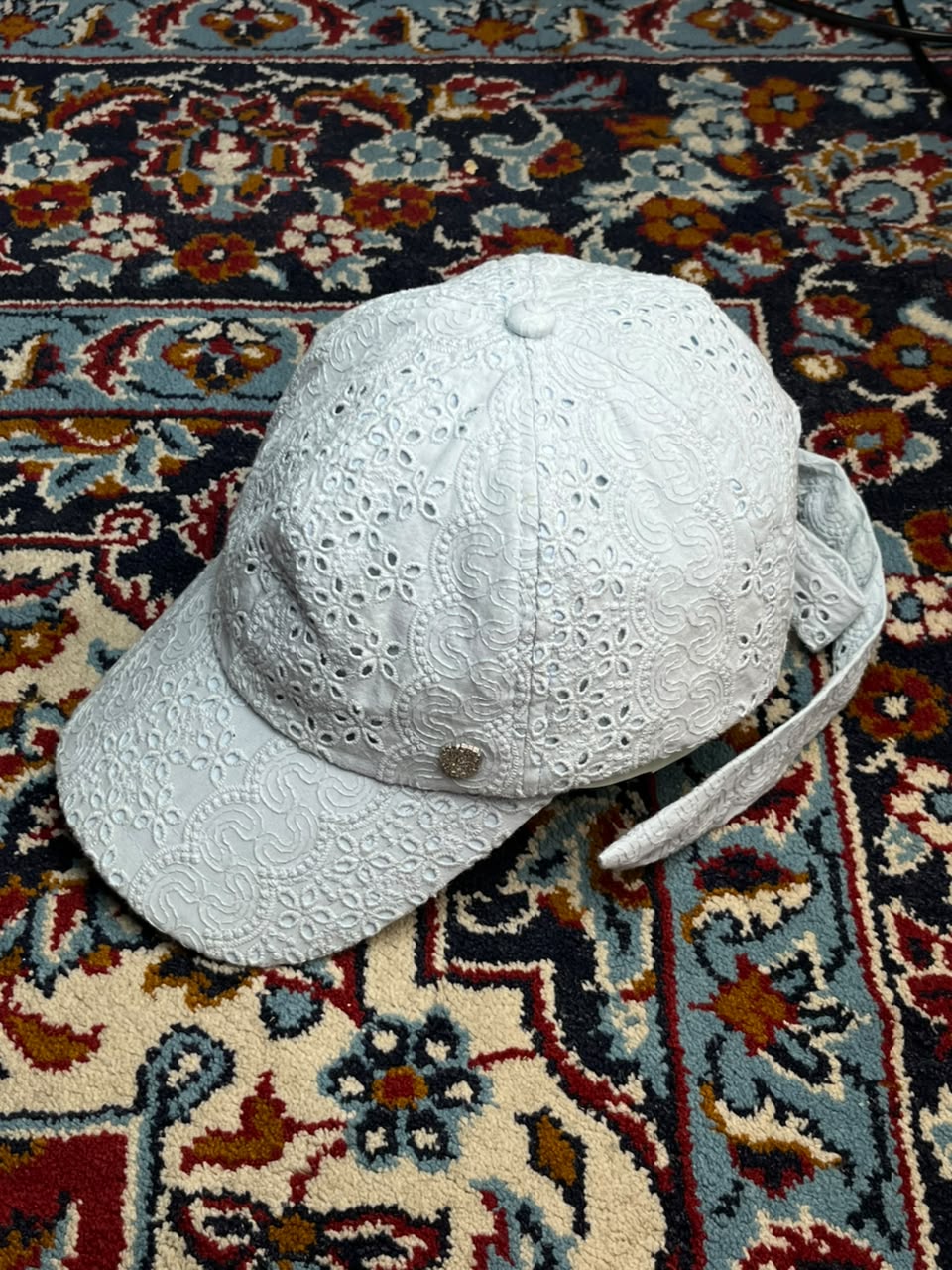 Vince Camuto Womens Light Blue Eyelet Lace Floral Tie Back Strap Baseball Cap