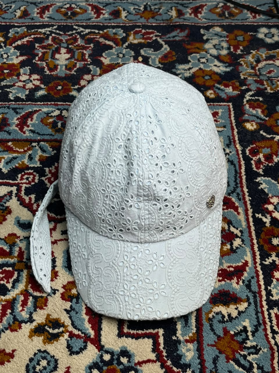 Vince Camuto Womens Light Blue Eyelet Lace Floral Tie Back Strap Baseball Cap