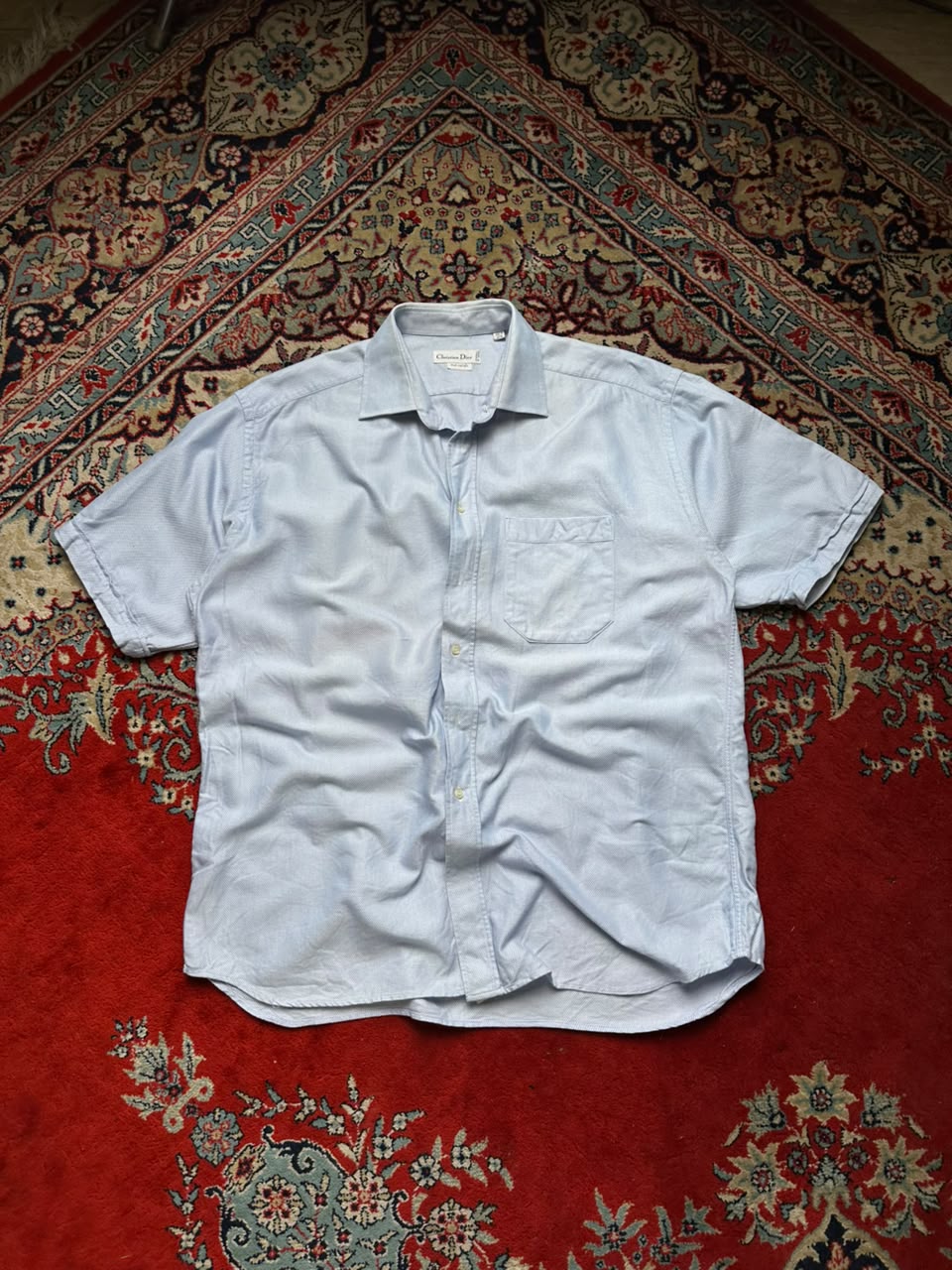 Christian Dior Light Blue Textured Pure Cotton Button Down Shirt - XL
