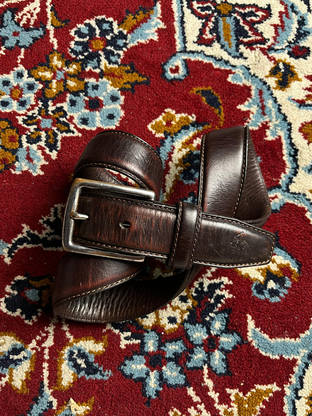 Polo Ralph Lauren Debossed Pony Logo Dark Brown Leather Belt Silver Buckle