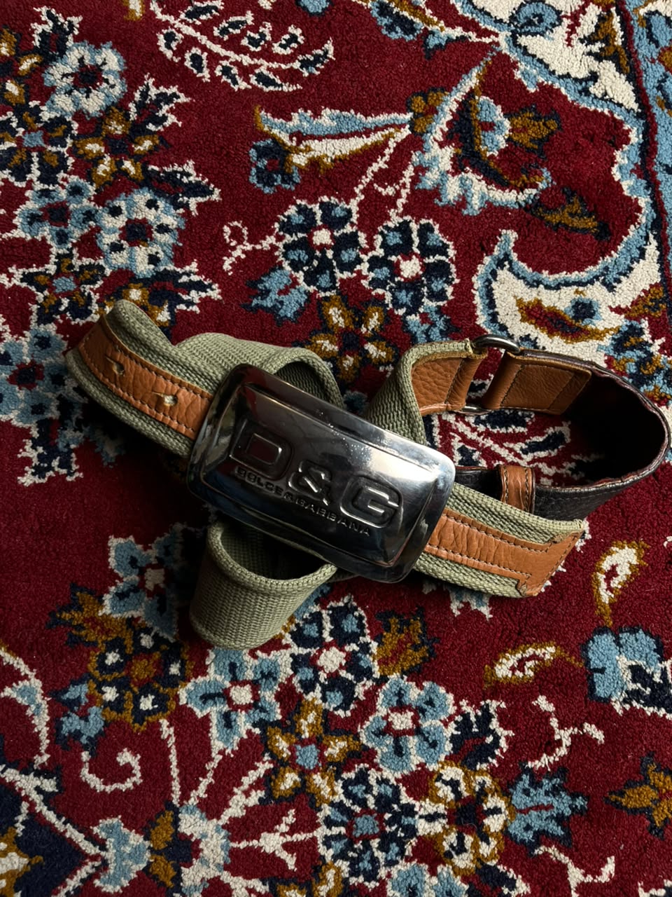 D&G Dolce & Gabbana Metal Plaque Buckle Canvas Leather Belt