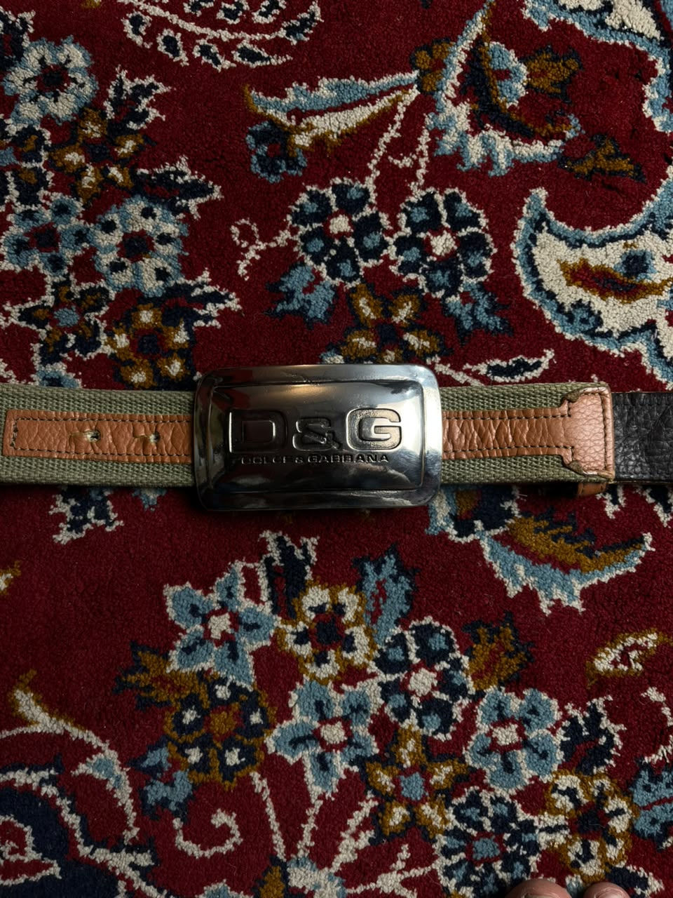 D&G Dolce & Gabbana Metal Plaque Buckle Canvas Leather Belt