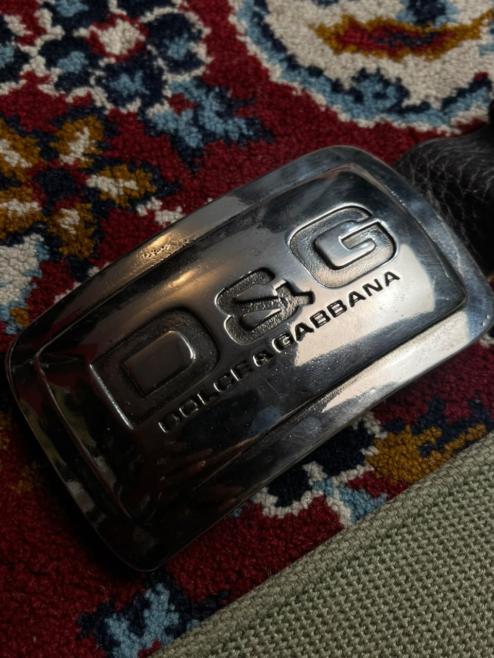 D&G Dolce & Gabbana Metal Plaque Buckle Canvas Leather Belt