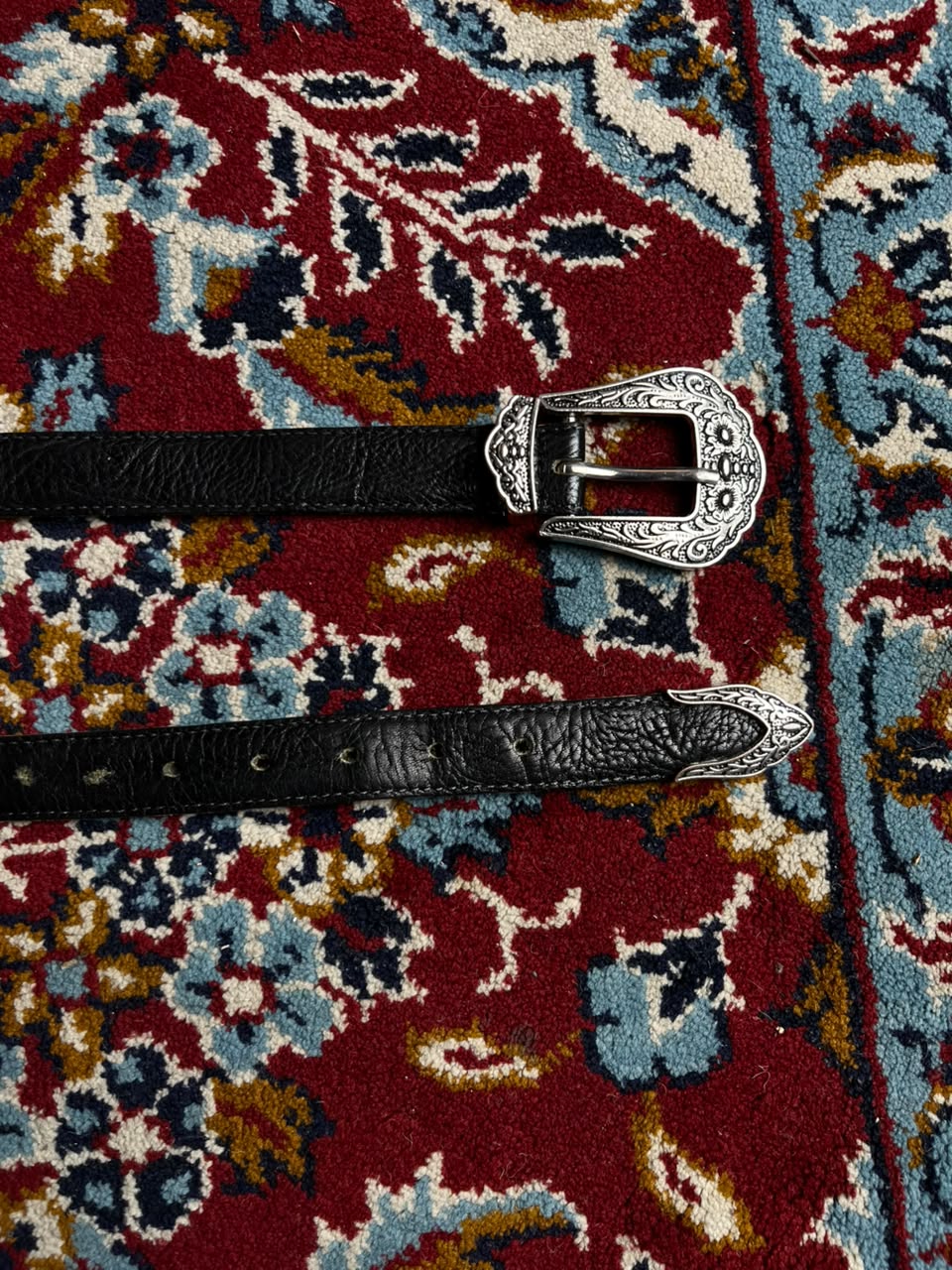 Vintage Western Leather Belt Engraved Silver 3 peice Buckle
