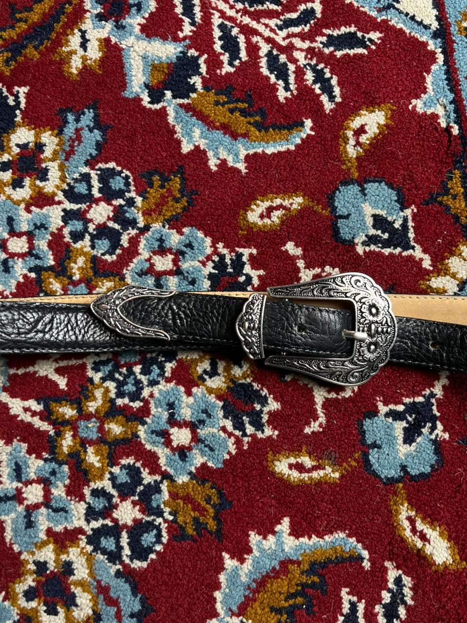 Vintage Western Leather Belt Engraved Silver 3 peice Buckle