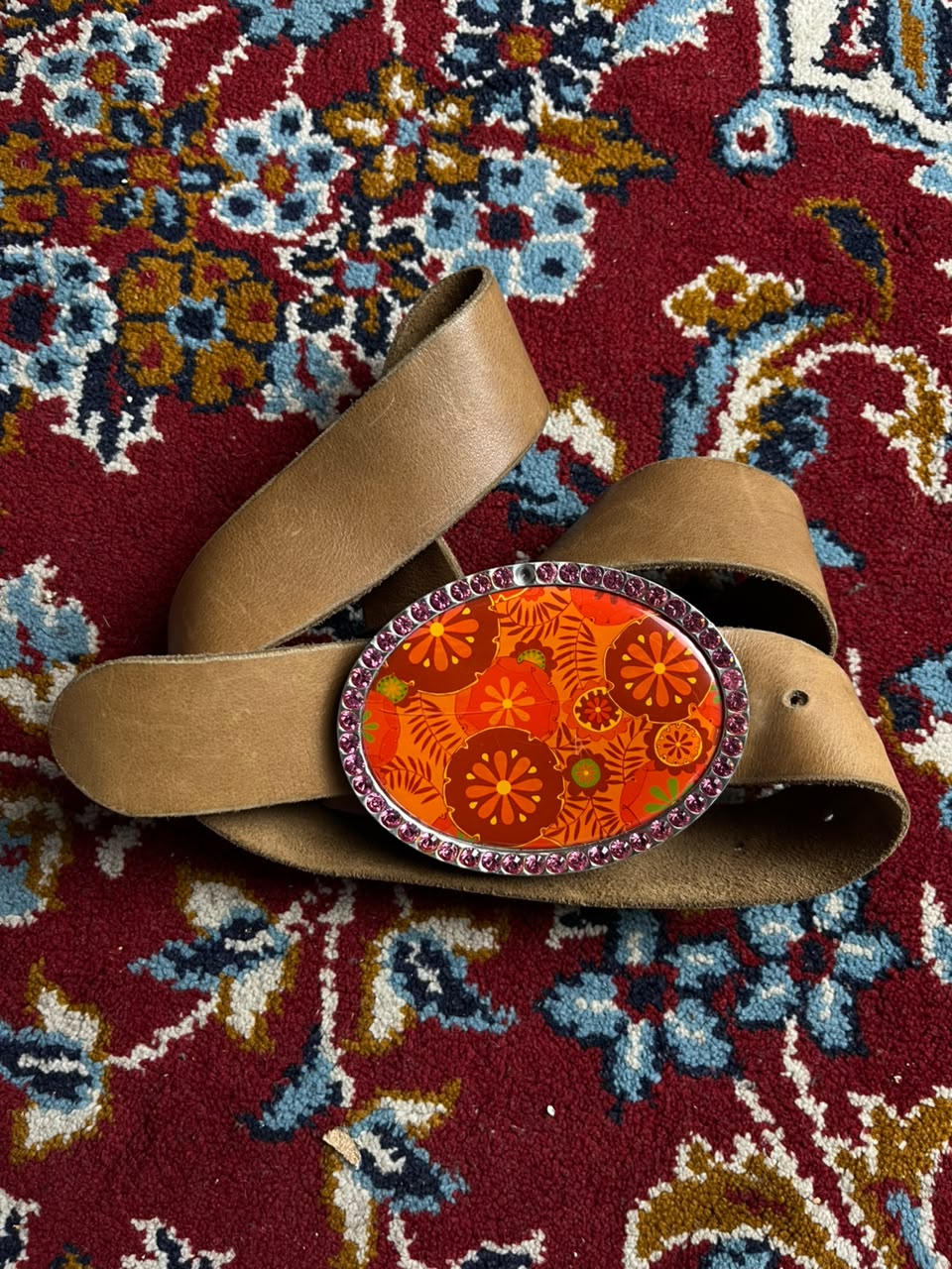 SugarLuxe Floral Print Enamel Rhinestone Oval Buckle Leather Belt