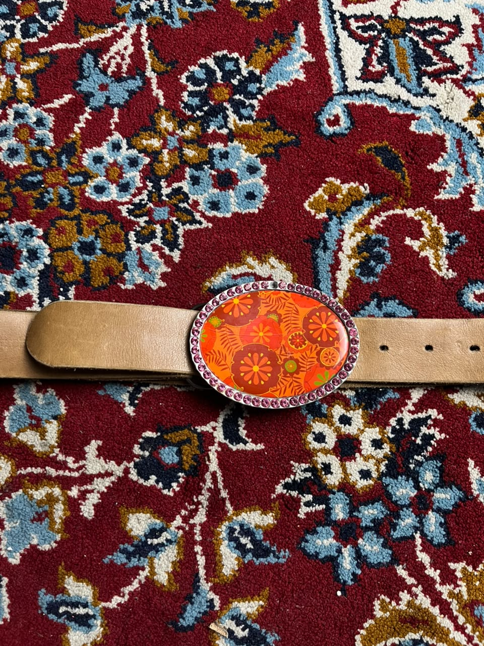 SugarLuxe Floral Print Enamel Rhinestone Oval Buckle Leather Belt
