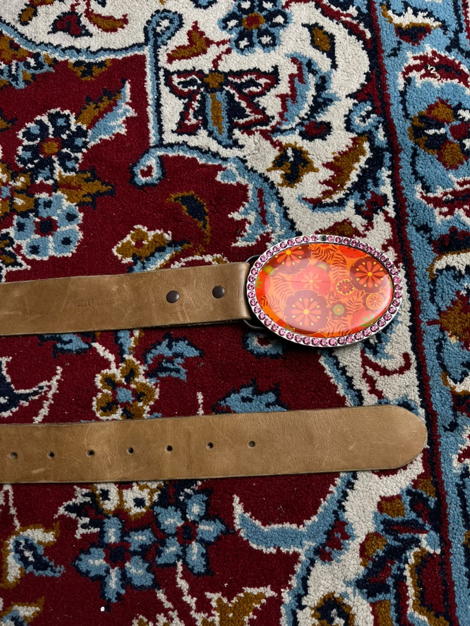 SugarLuxe Floral Print Enamel Rhinestone Oval Buckle Leather Belt