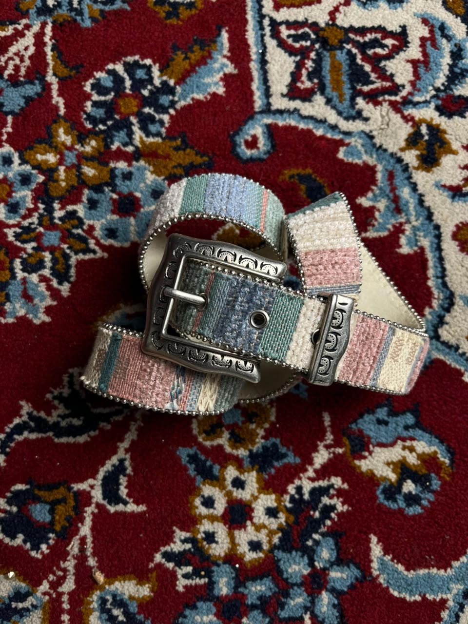 Western Woven Tapestry Belt Silver Engraved Horseshoe Buckle Beaded Edge