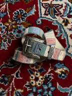 Western Woven Tapestry Belt Silver Engraved Horseshoe Buckle Beaded Edge