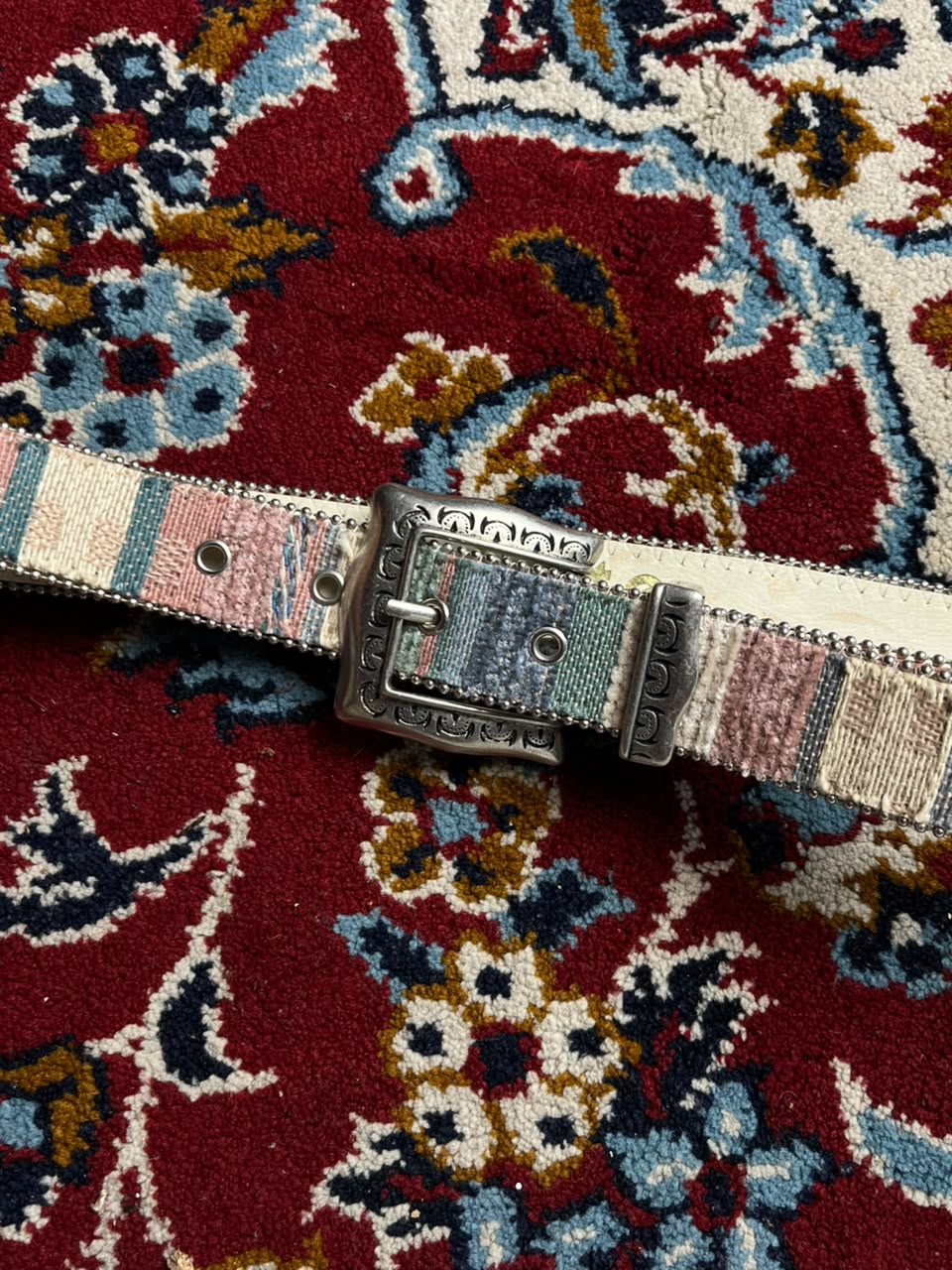 Western Woven Tapestry Belt Silver Engraved Horseshoe Buckle Beaded Edge