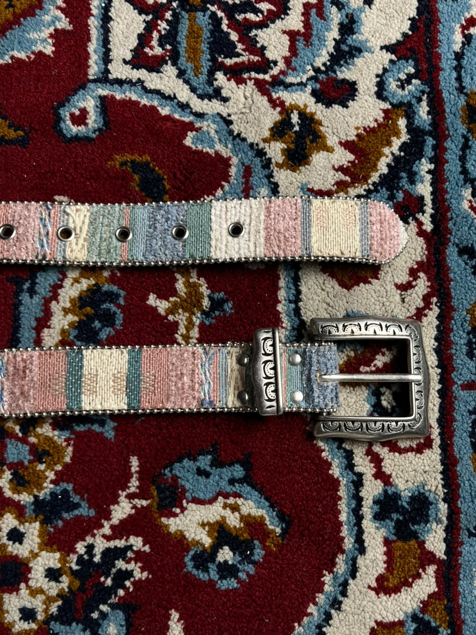 Western Woven Tapestry Belt Silver Engraved Horseshoe Buckle Beaded Edge