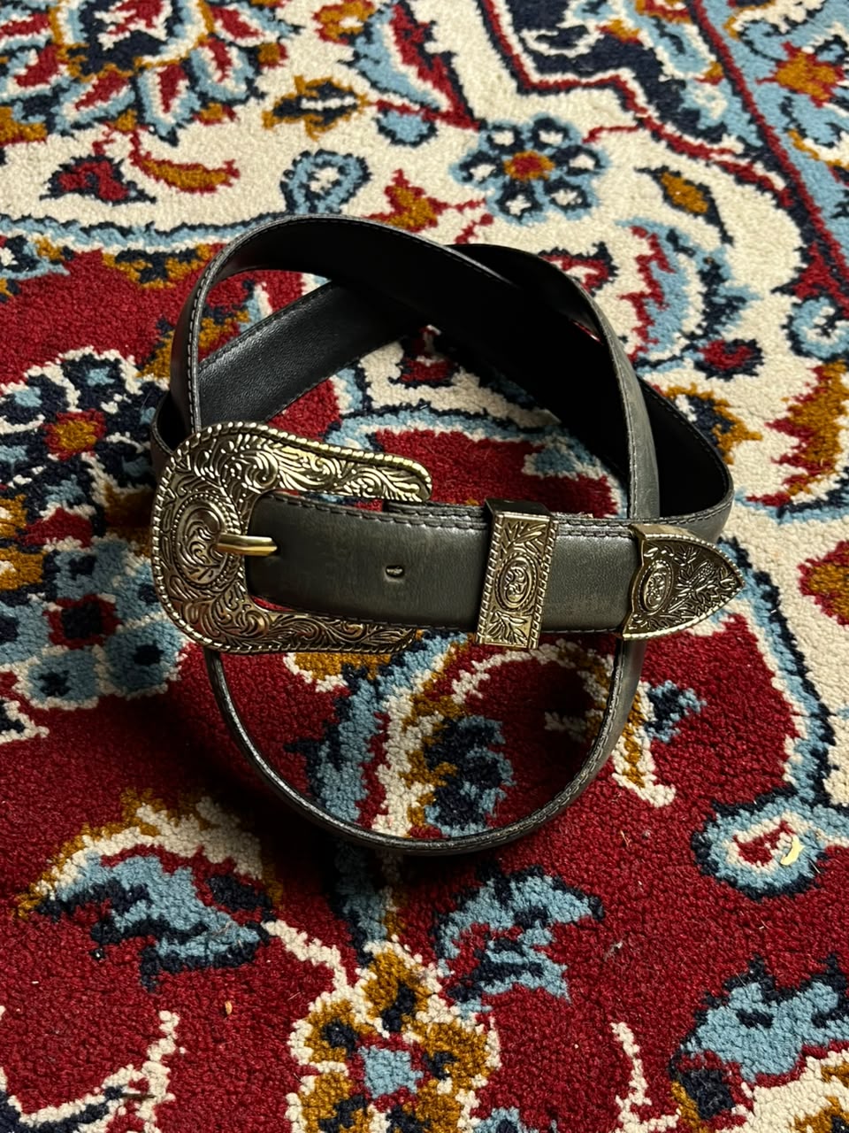 Western Green Leather Belt Engraved Gold 3 Piece Buckle