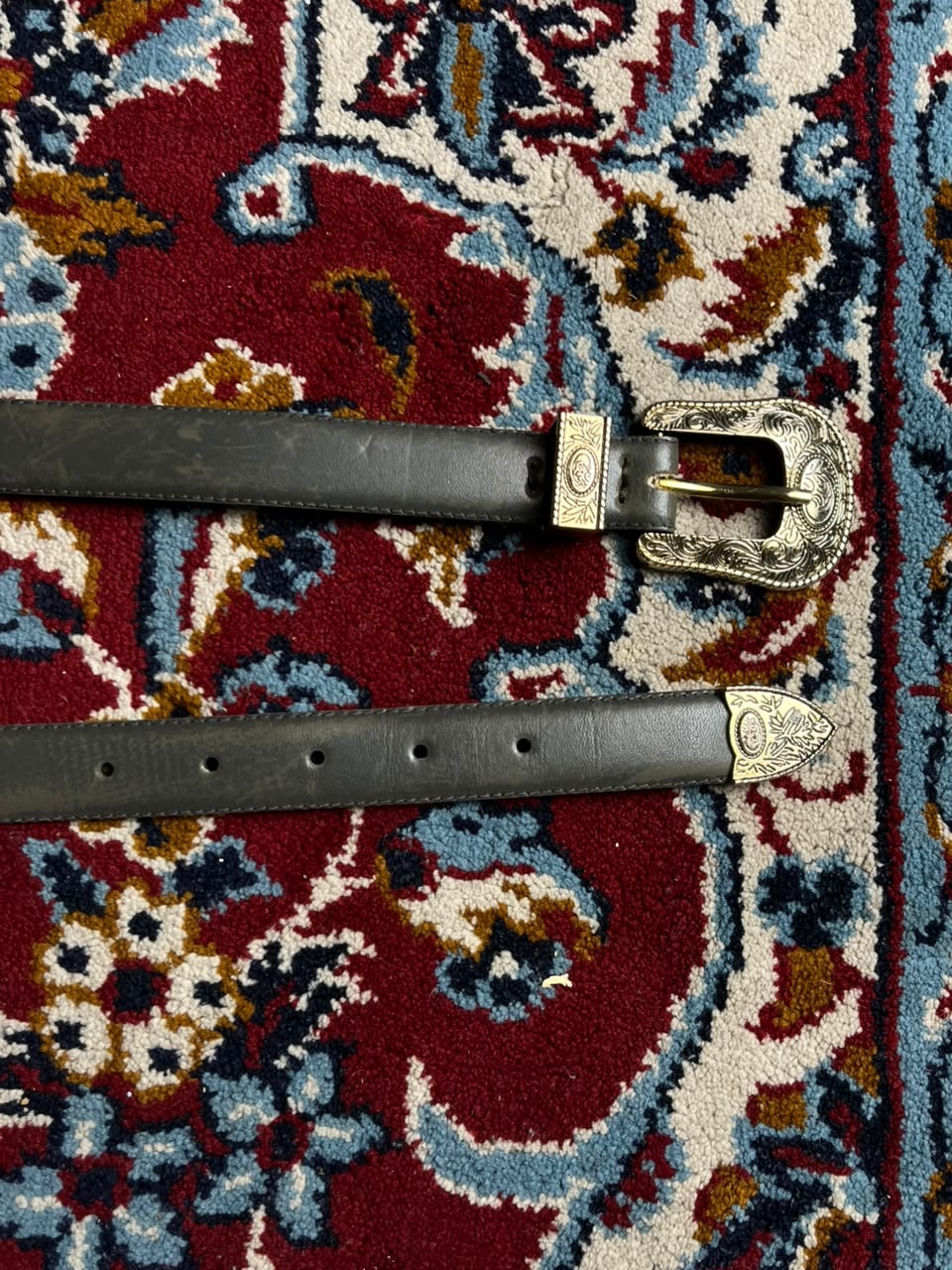 Western Green Leather Belt Engraved Gold 3 Piece Buckle