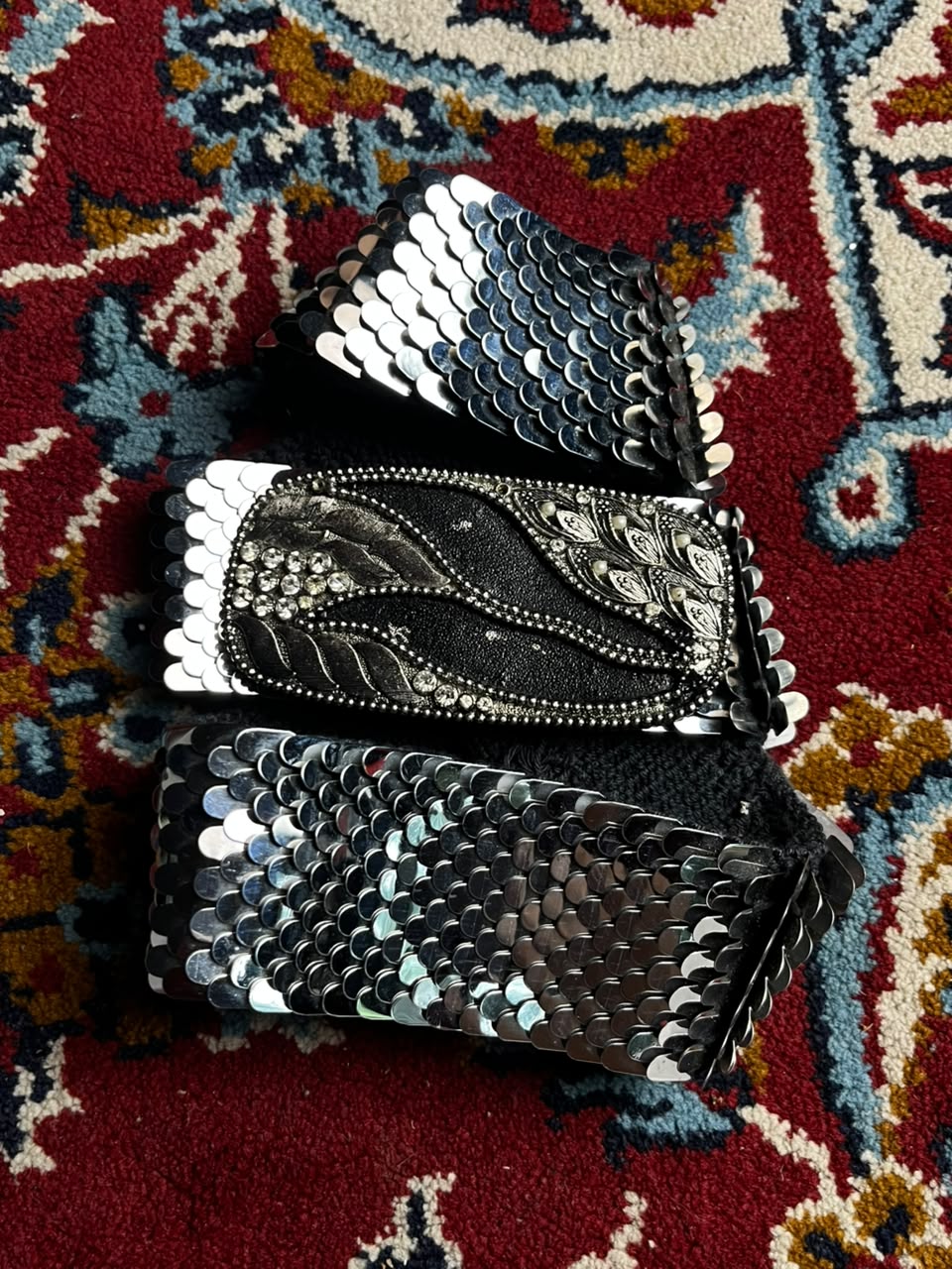 Vintage Silver Scale Metal Mesh Belt Rhinestone Beaded Buckle