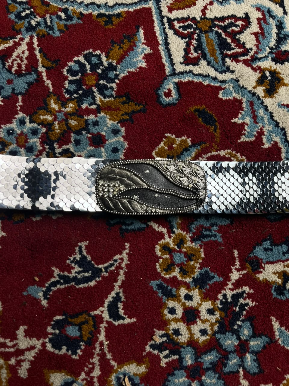 Vintage Silver Scale Metal Mesh Belt Rhinestone Beaded Buckle