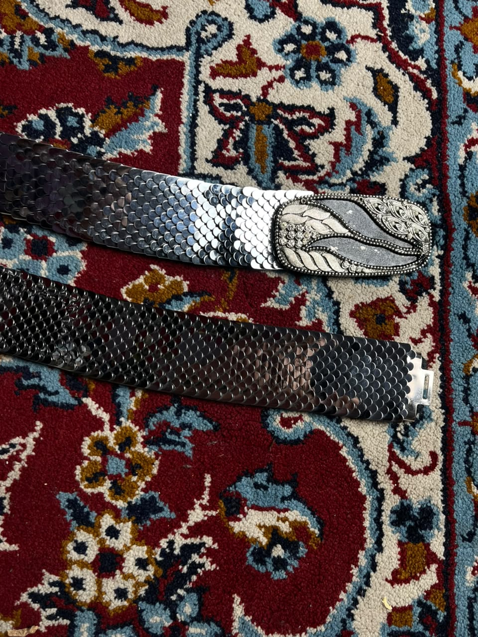 Vintage Silver Scale Metal Mesh Belt Rhinestone Beaded Buckle