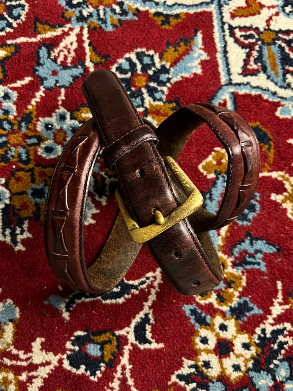 Roundtree & Yorke Brown Leather Belt Brass Buckle Woven Pattern