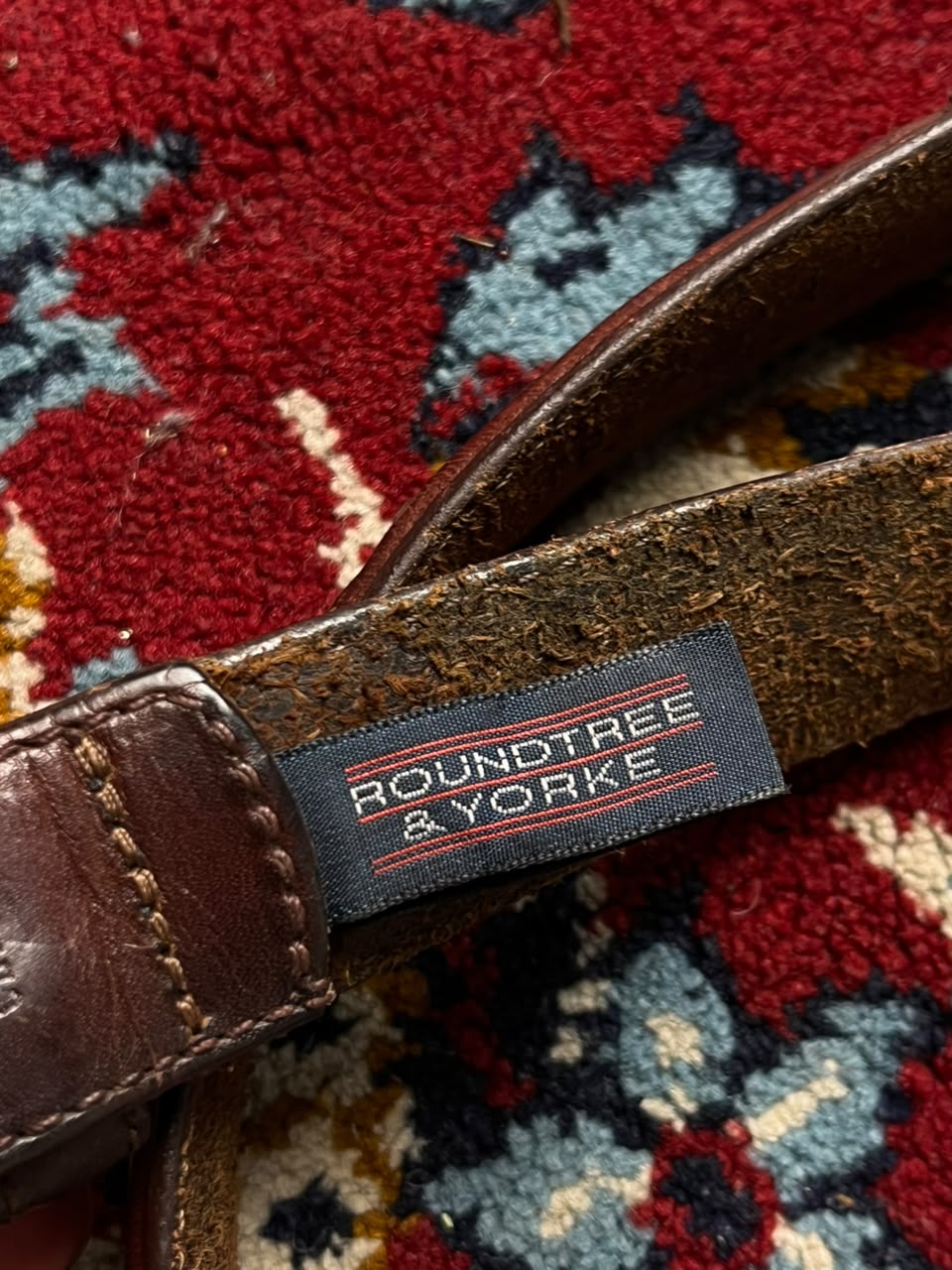 Roundtree & Yorke Brown Leather Belt Brass Buckle Woven Pattern