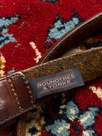 Roundtree & Yorke Brown Leather Belt Brass Buckle Woven Pattern