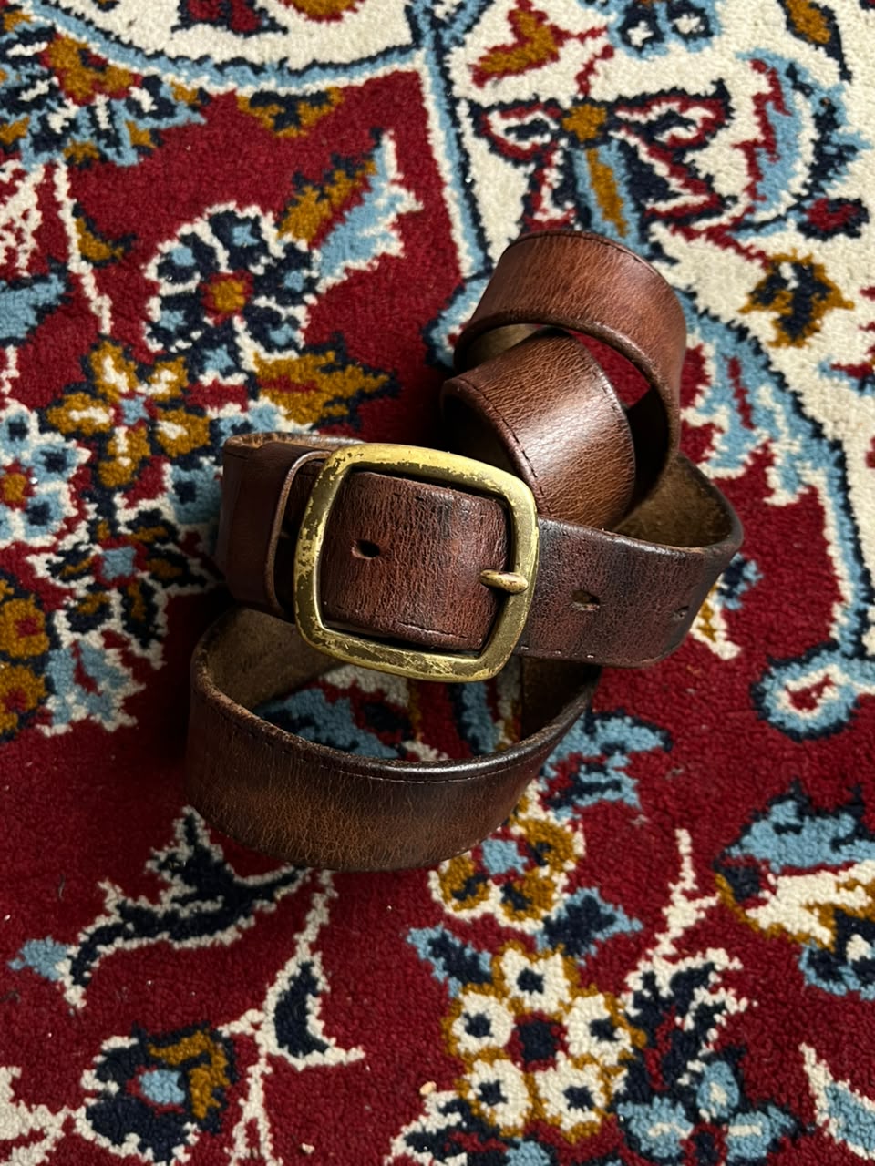 Vintage Brown Leather Belt Brass Square Buckle Single Prong