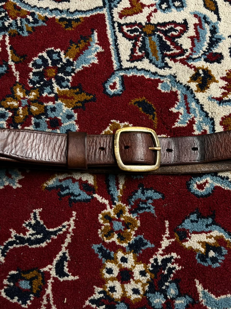 Vintage Brown Leather Belt Brass Square Buckle Single Prong