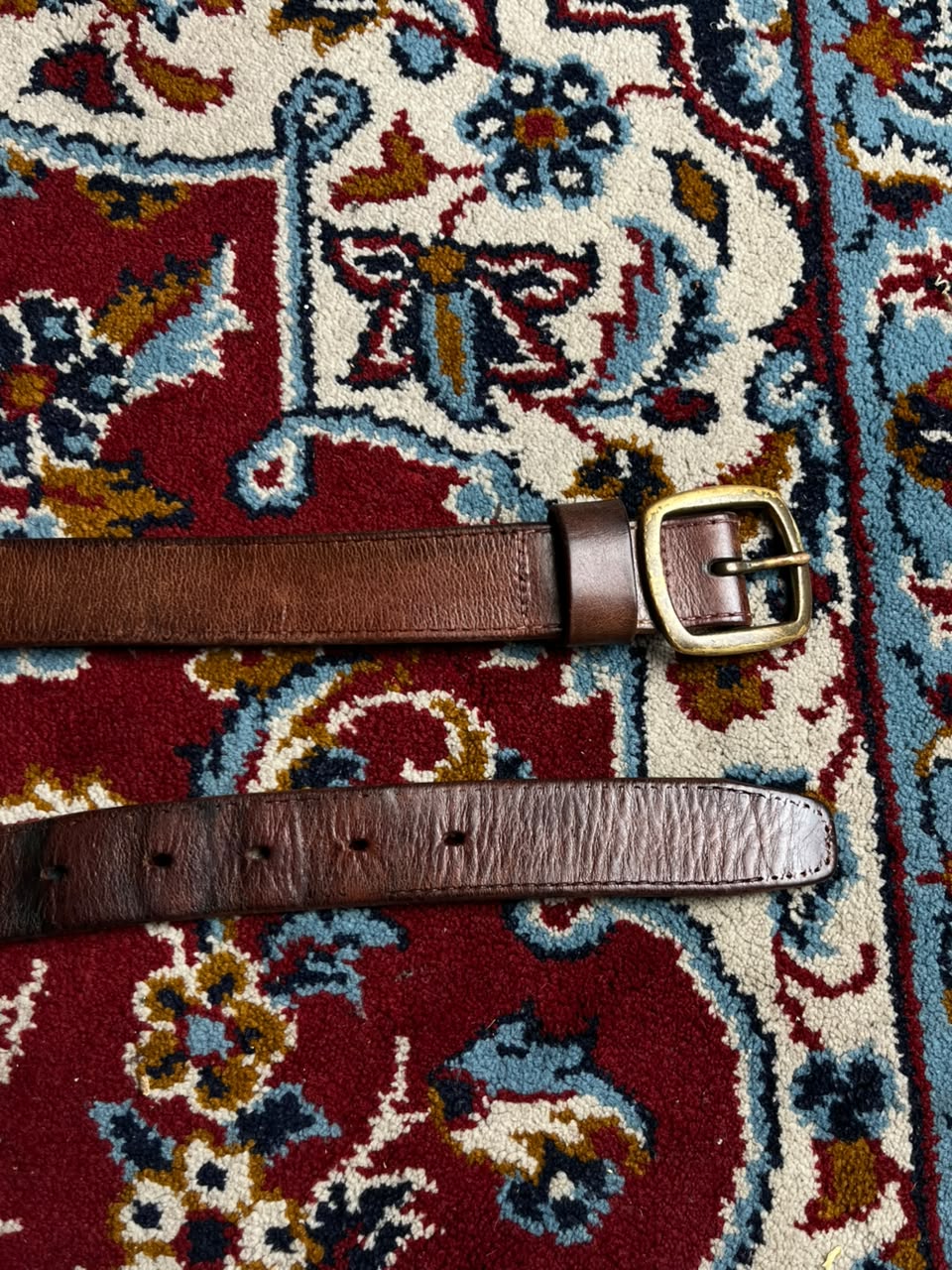 Vintage Brown Leather Belt Brass Square Buckle Single Prong