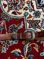 Vintage Western Brown Leather Belt Engraved Silver 3 Piece Buckle