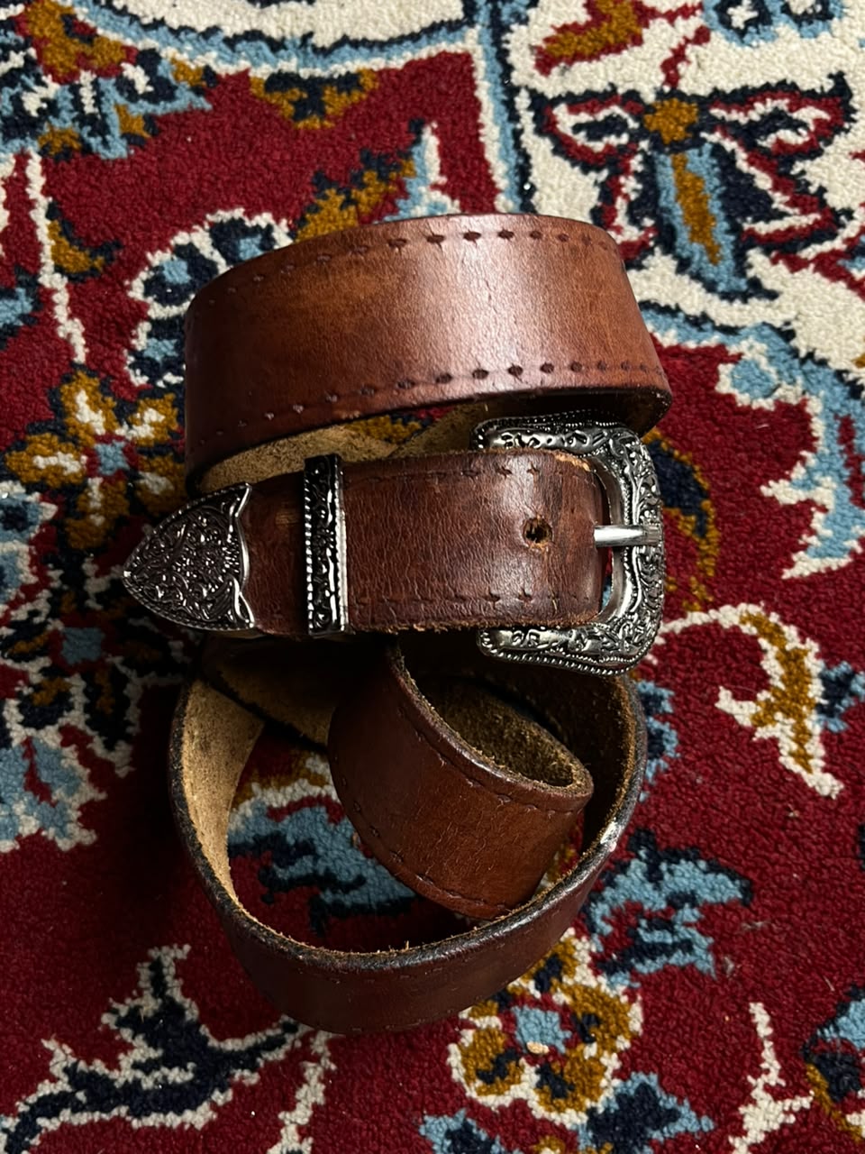 Vintage Western Brown Leather Belt Engraved Silver 3 Piece Buckle