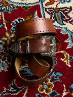 Vintage Western Brown Leather Belt Engraved Silver 3 Piece Buckle