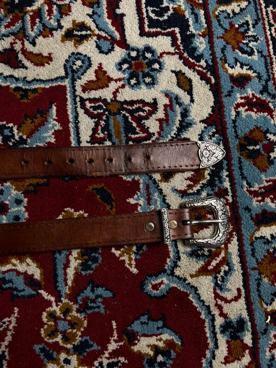 Vintage Western Brown Leather Belt Engraved Silver 3 Piece Buckle