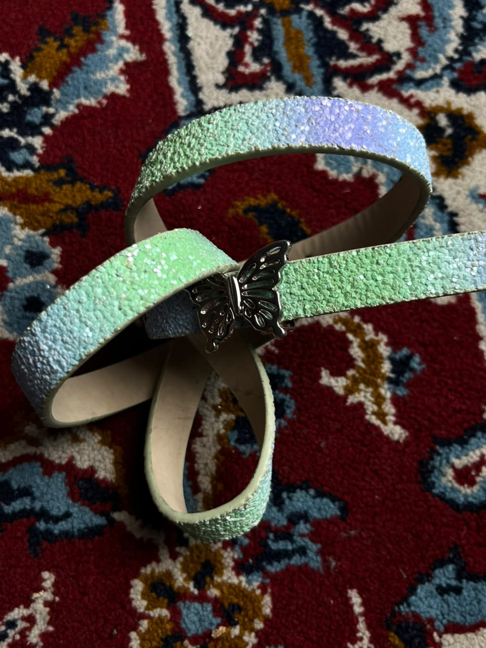 Vintage Iridescent Glitter Butterfly Buckle Skinny Belt