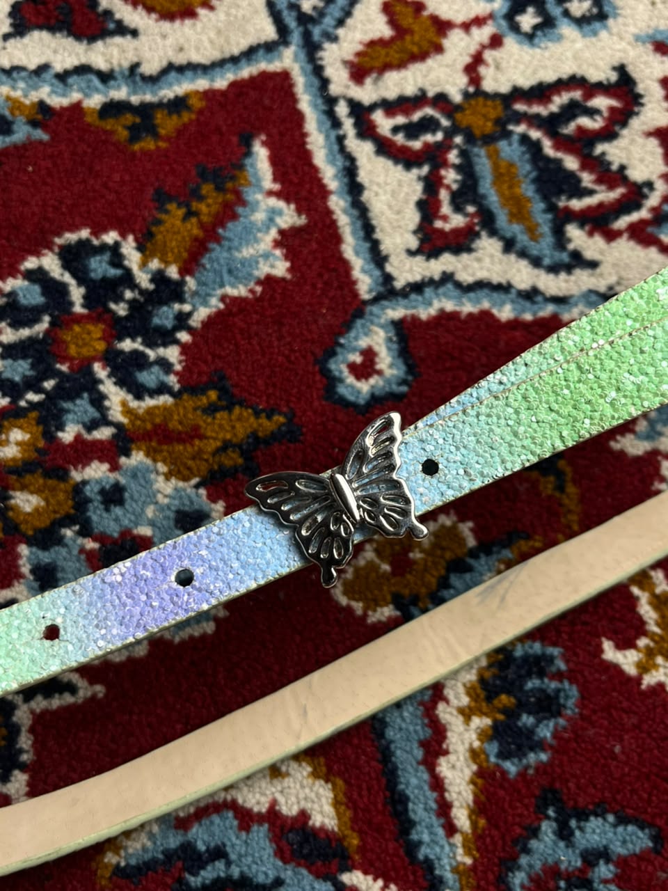 Vintage Iridescent Glitter Butterfly Buckle Skinny Belt