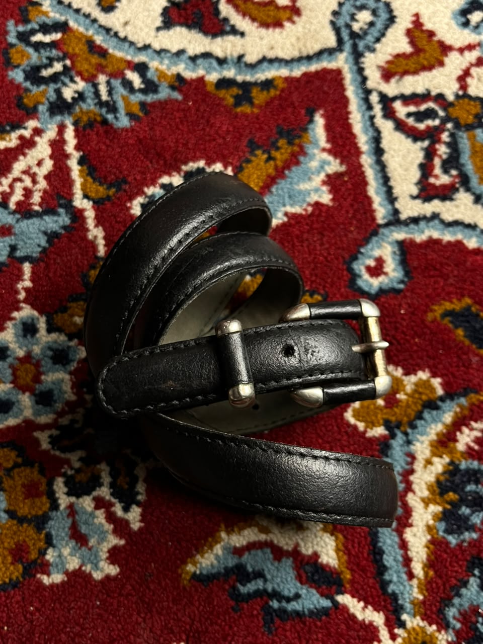 Vintage Black Leather Belt Silver Buckle Loop End Caps