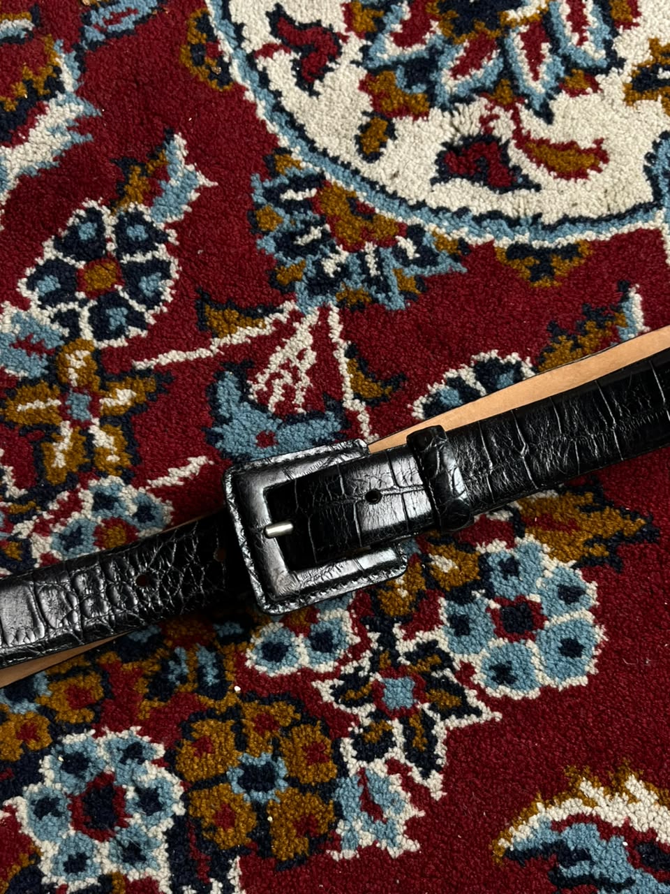 TANNER Italian Black Croc Embossed Genuine Leather Belt Wrapped Square Buckle