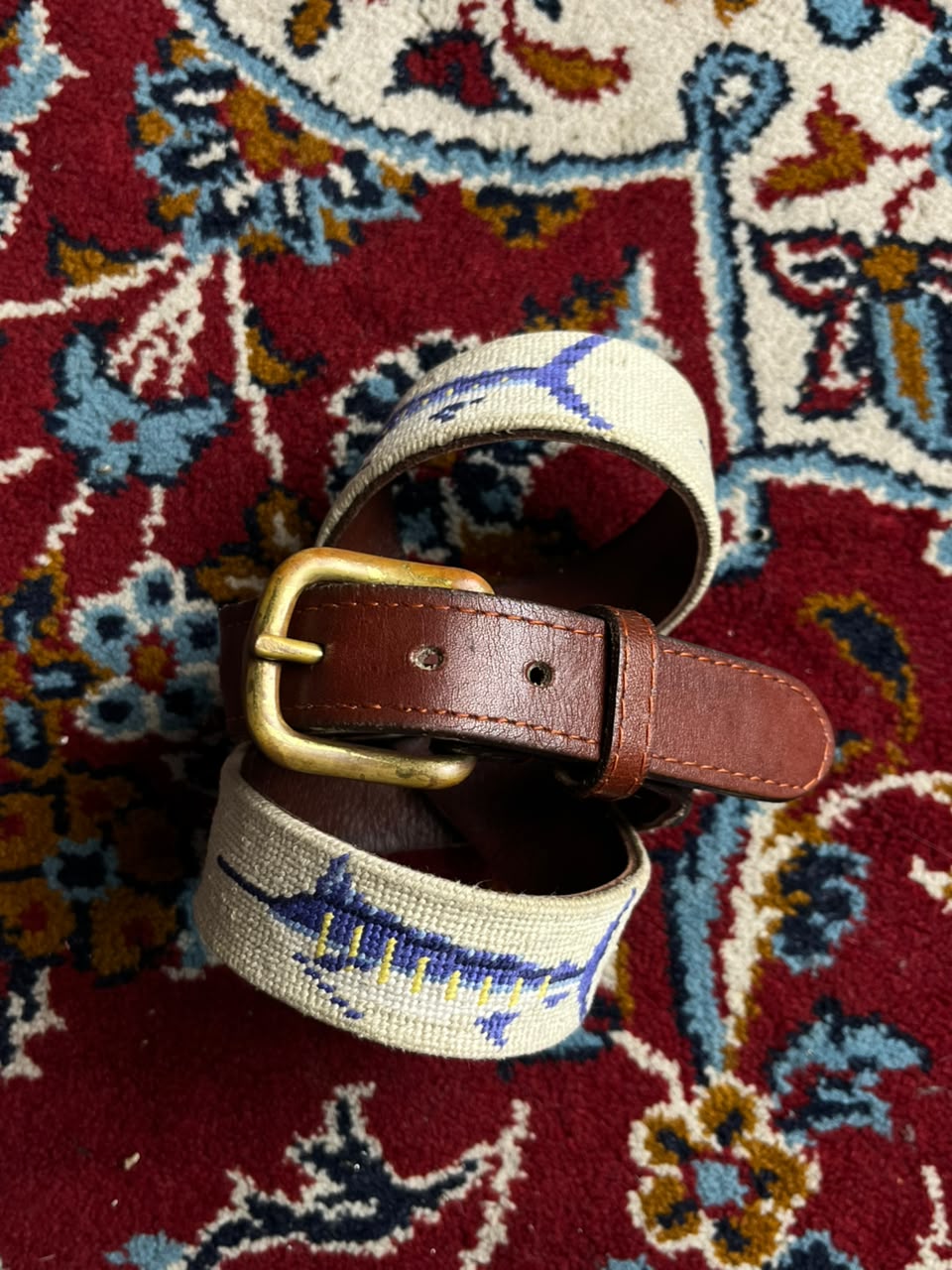 Wells Rutledge Vintage Needlepoint Swordfish Leather Belt Solid Brass Buckle USA