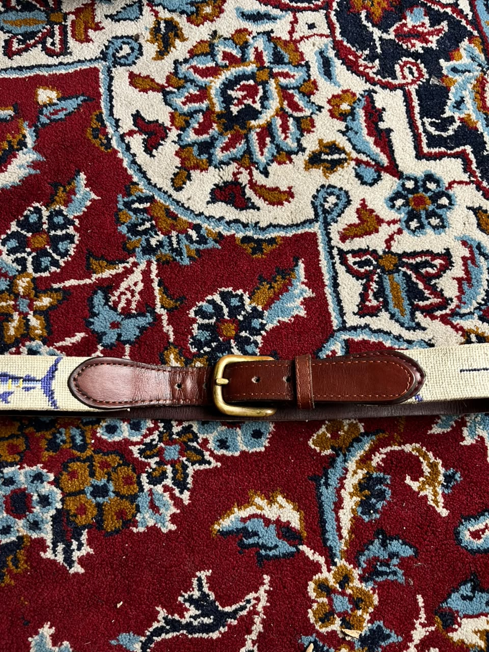Wells Rutledge Vintage Needlepoint Swordfish Leather Belt Solid Brass Buckle USA