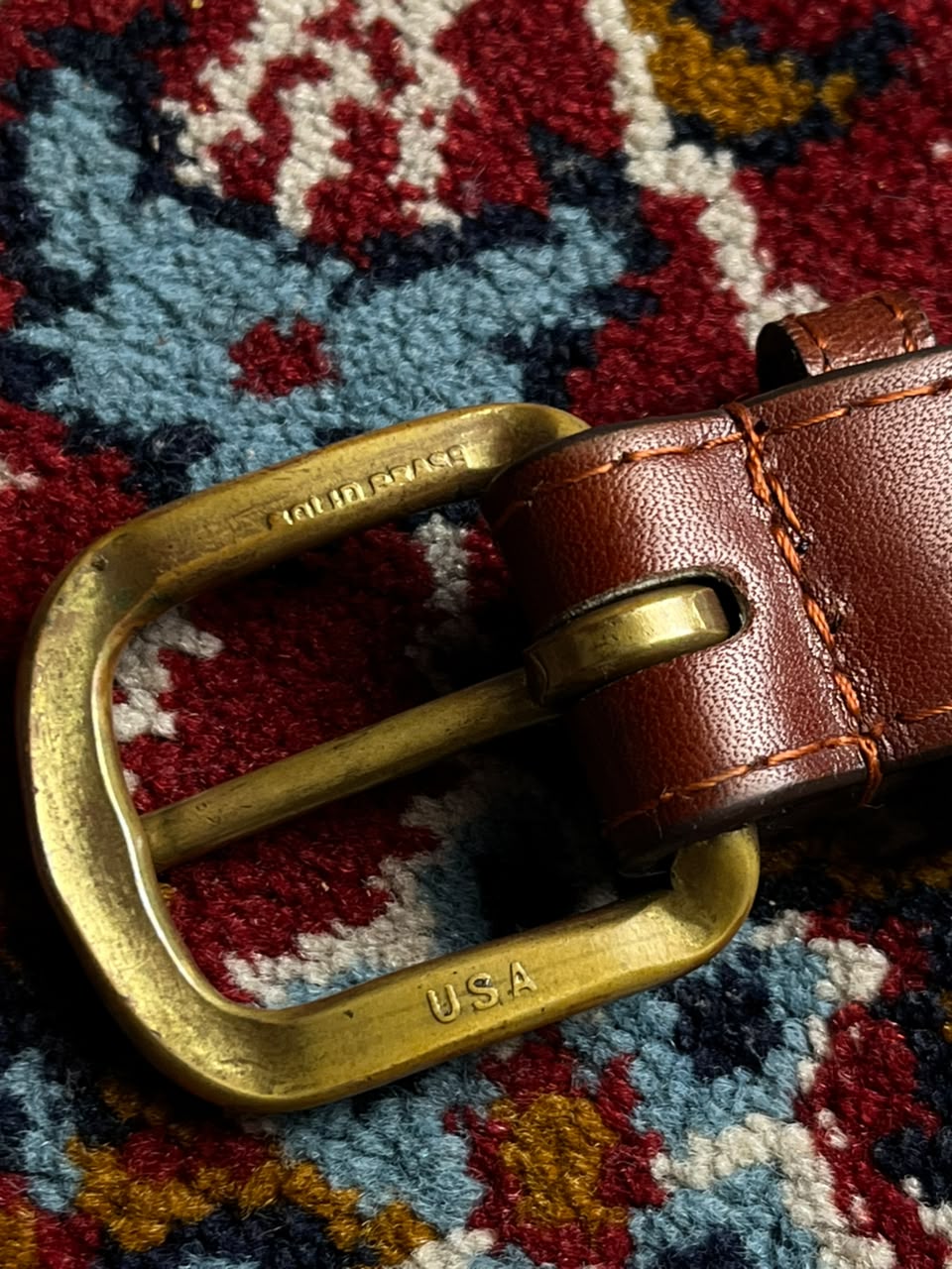 Wells Rutledge Vintage Needlepoint Swordfish Leather Belt Solid Brass Buckle USA