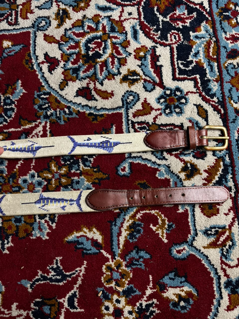 Wells Rutledge Vintage Needlepoint Swordfish Leather Belt Solid Brass Buckle USA