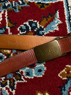 Polo Ralph Lauren Brown Leather Belt PRL Brass Engine Turned Plaque Buckle