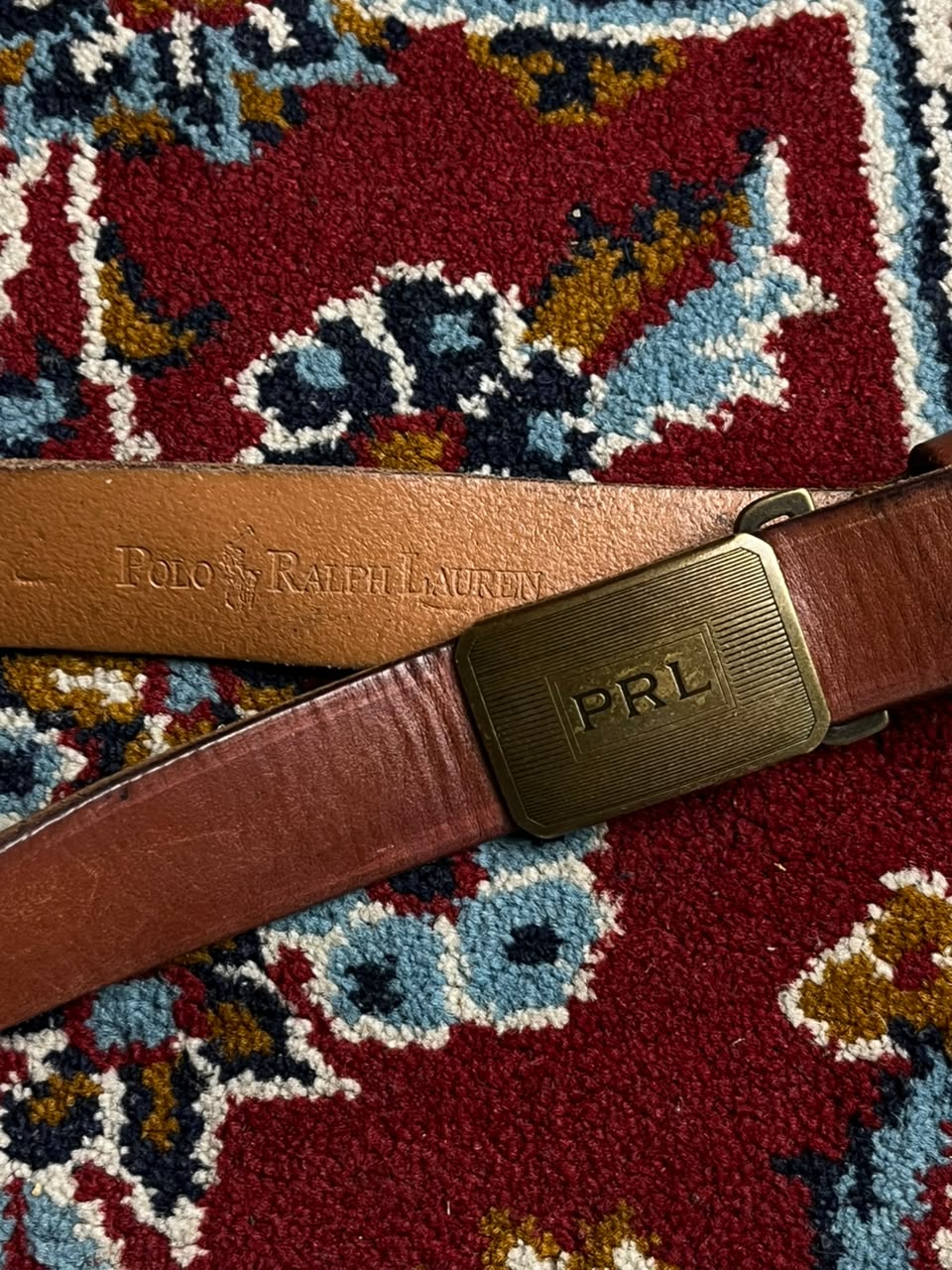 Polo Ralph Lauren Brown Leather Belt PRL Brass Engine Turned Plaque Buckle