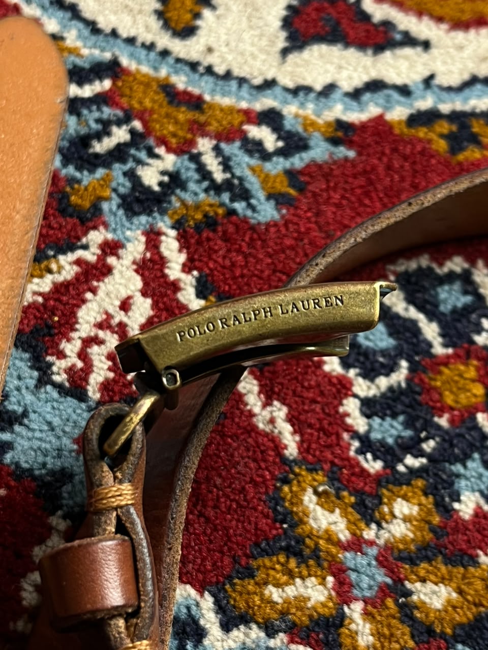 Polo Ralph Lauren Brown Leather Belt PRL Brass Engine Turned Plaque Buckle